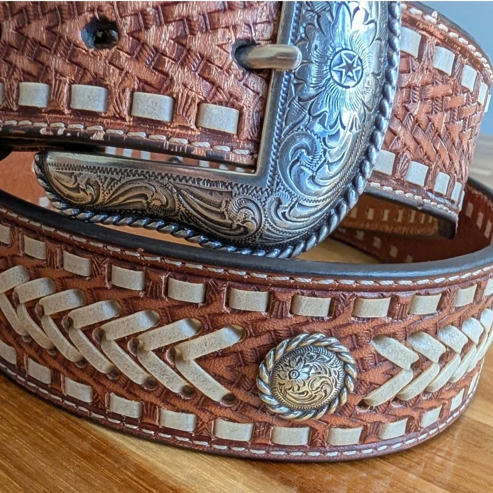 Nocona Mens Brown Leather Western Belt Basketweave Size 44 (For Pant Size 42)